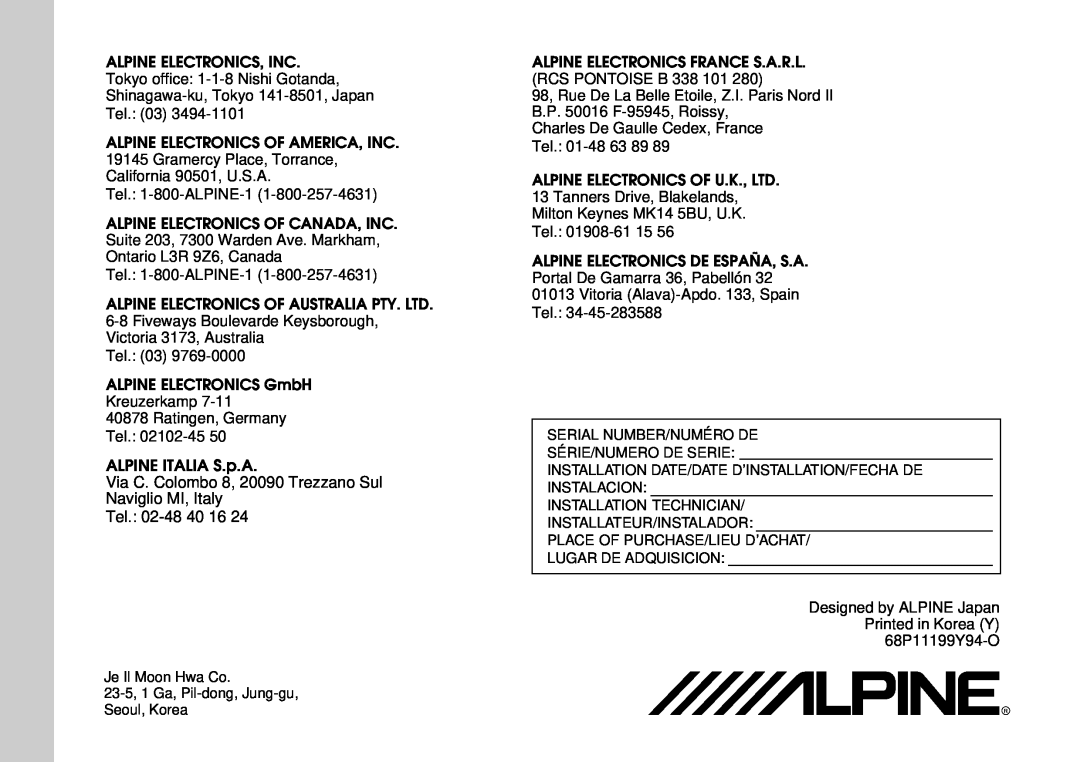Alpine TDM-7561 owner manual ALPINE ITALIA S.p.A, Via C. Colombo 8, 20090 Trezzano Sul, Naviglio MI, Italy Tel.: 02-4840 16 