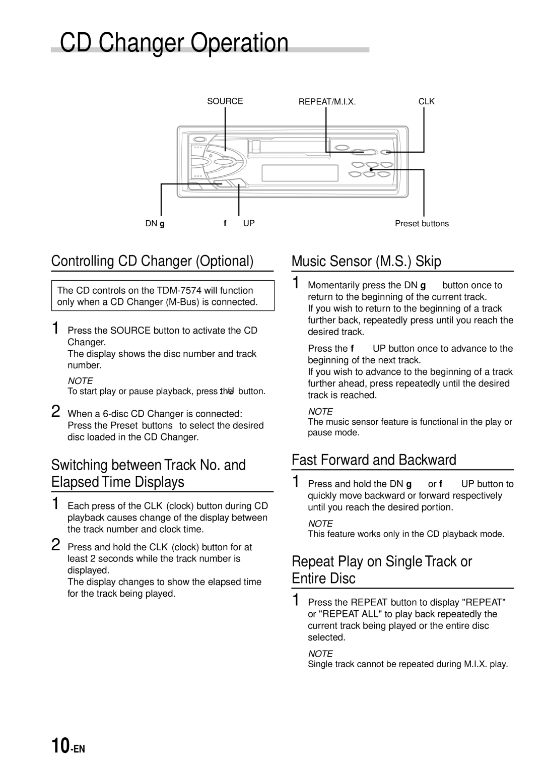 Alpine TDM-7574 owner manual CD Changer Operation, Music Sensor M.S. Skip, Fast Forward and Backward 