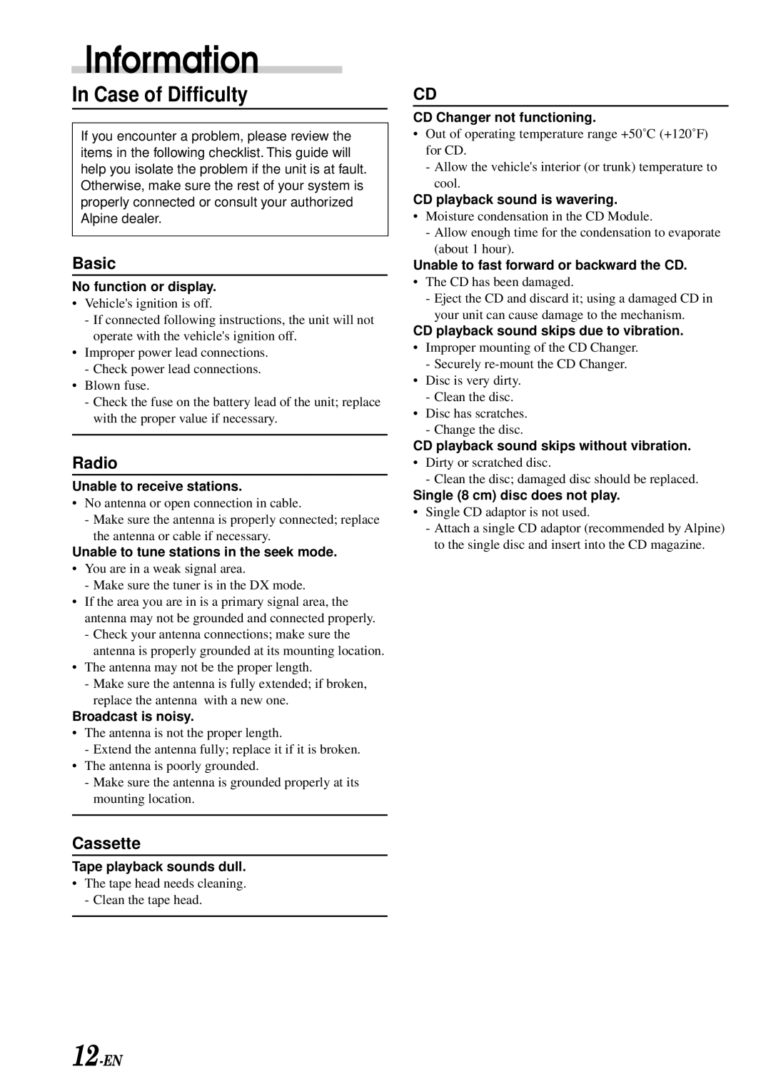 Alpine TDM-7574 owner manual Information, Case of Difficulty 