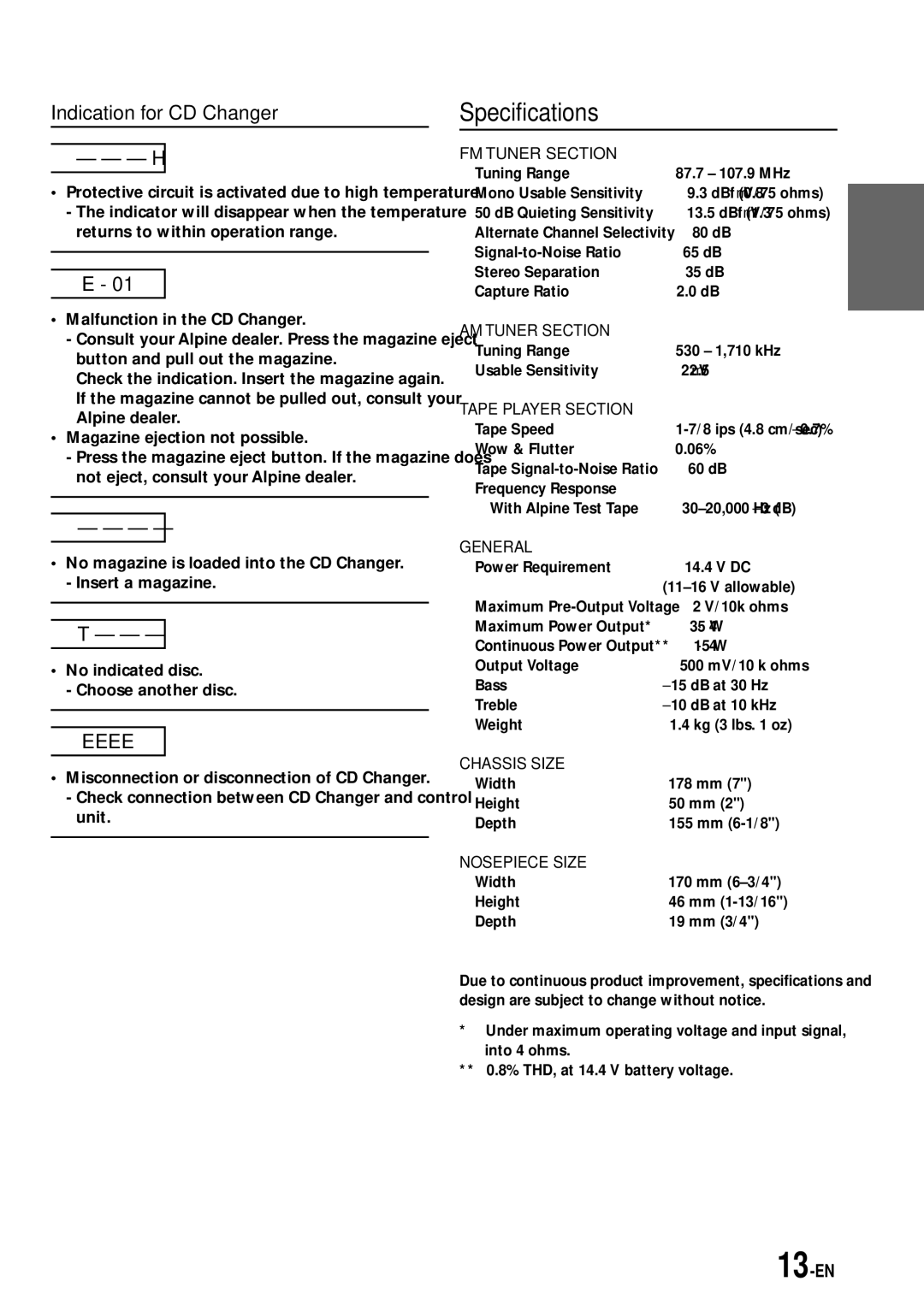 Alpine TDM-7574 owner manual Specifications, Indication for CD Changer 