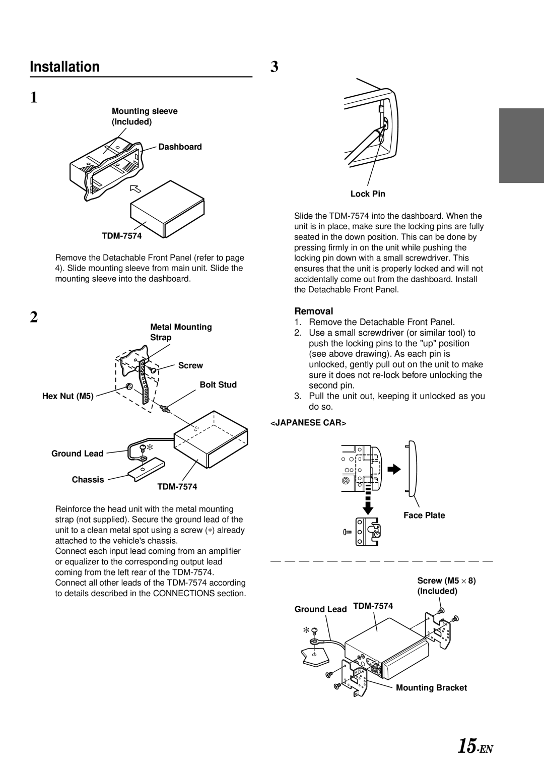 Alpine TDM-7574 owner manual Installation, Removal 