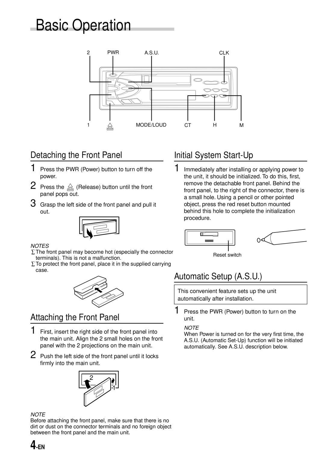 Alpine TDM-7574 owner manual Basic Operation, Detaching the Front Panel, Attaching the Front Panel, Initial System Start-Up 