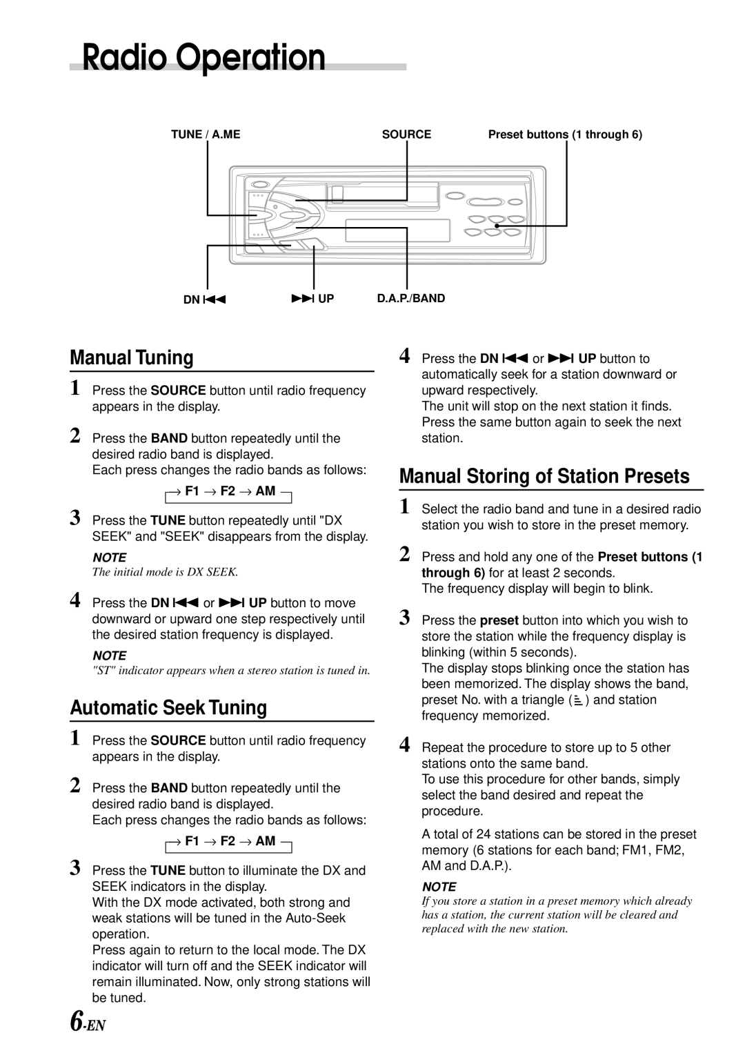 Alpine TDM-7574 Radio Operation, Manual Tuning, Automatic Seek Tuning, Manual Storing of Station Presets, → F1 → F2 → AM 