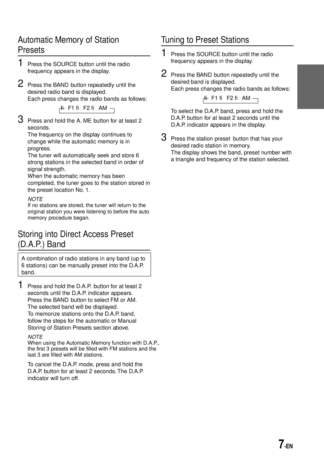 Alpine TDM-7574 owner manual Automatic Memory of Station Presets, Storing into Direct Access Preset D.A.P. Band 