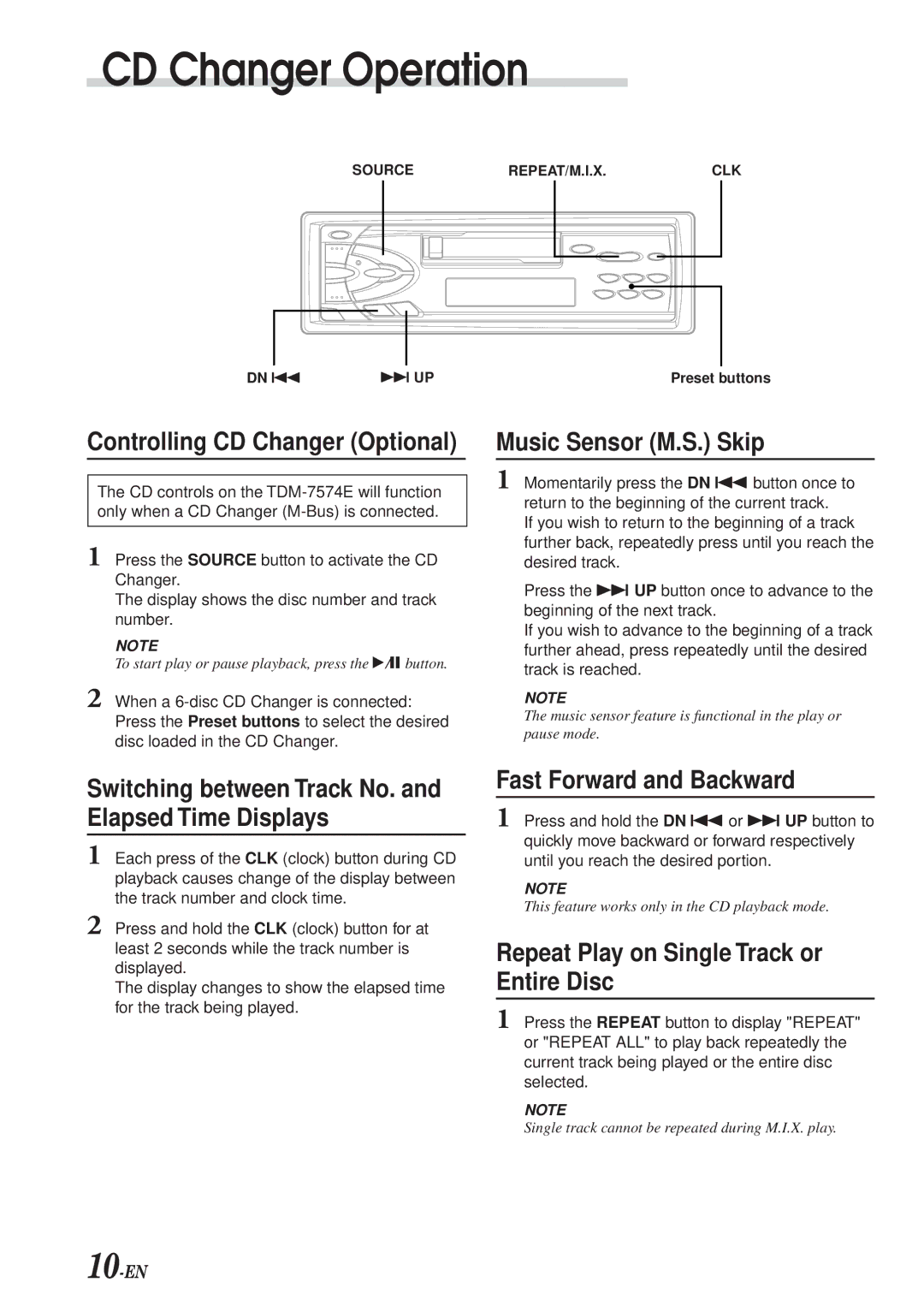 Alpine TDM-7574E owner manual CD Changer Operation, Music Sensor M.S. Skip, Fast Forward and Backward 