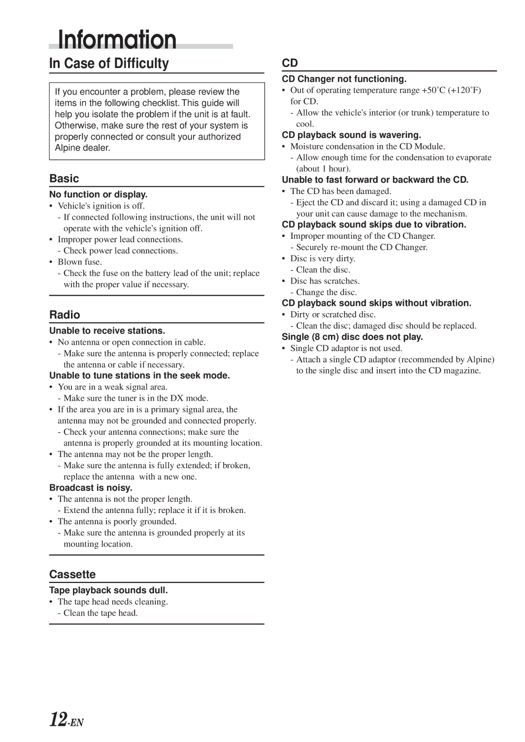 Alpine TDM-7574E owner manual Information, Case of Difficulty 