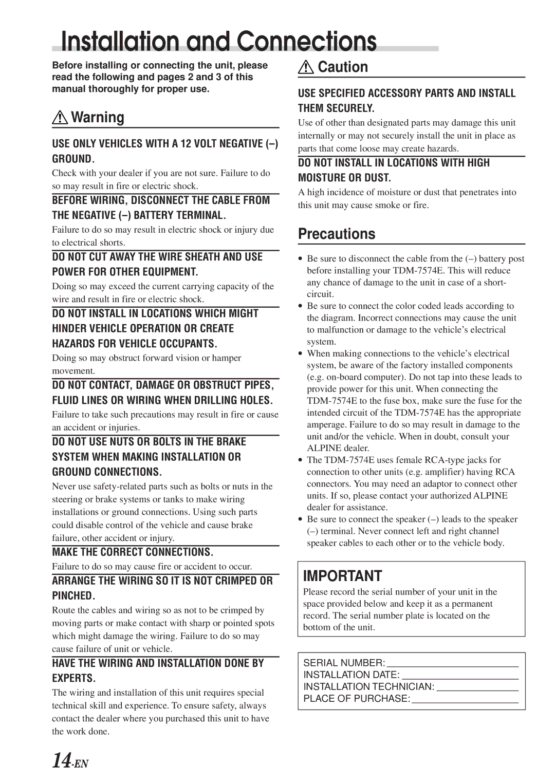 Alpine TDM-7574E owner manual Installation and Connections, Precautions 