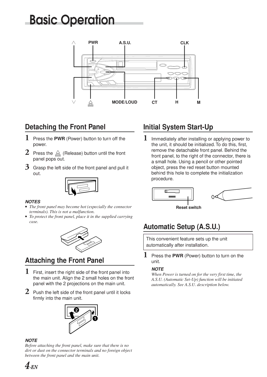 Alpine TDM-7574E Basic Operation, Detaching the Front Panel, Attaching the Front Panel, Initial System Start-Up 