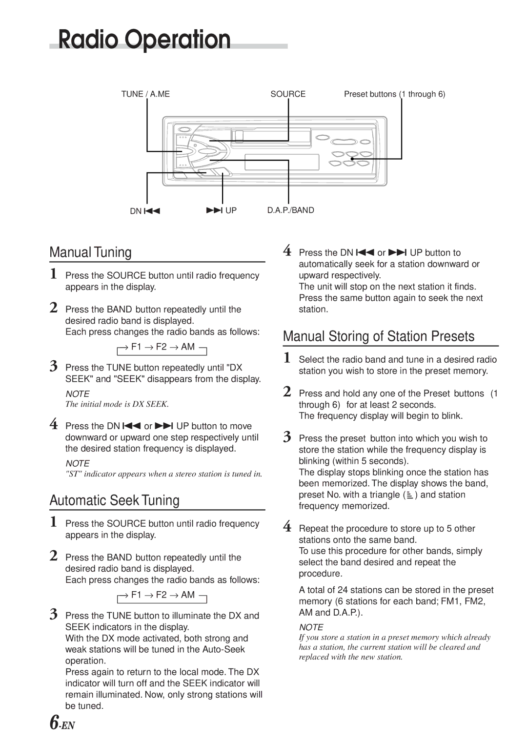 Alpine TDM-7574E Radio Operation, Manual Tuning, Automatic Seek Tuning, Manual Storing of Station Presets, → F1 → F2 → AM 