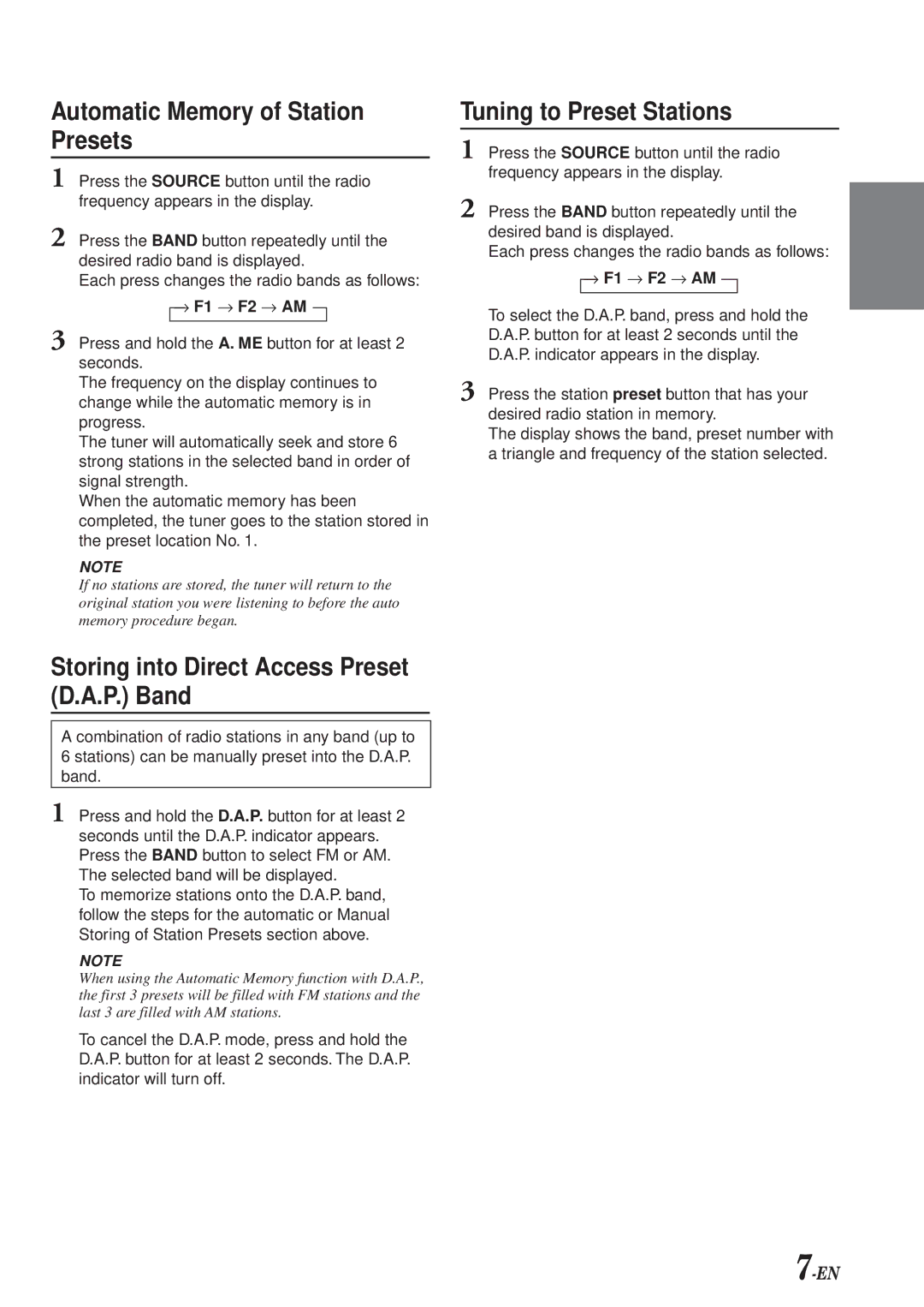 Alpine TDM-7574E owner manual Automatic Memory of Station Presets, Storing into Direct Access Preset D.A.P. Band 