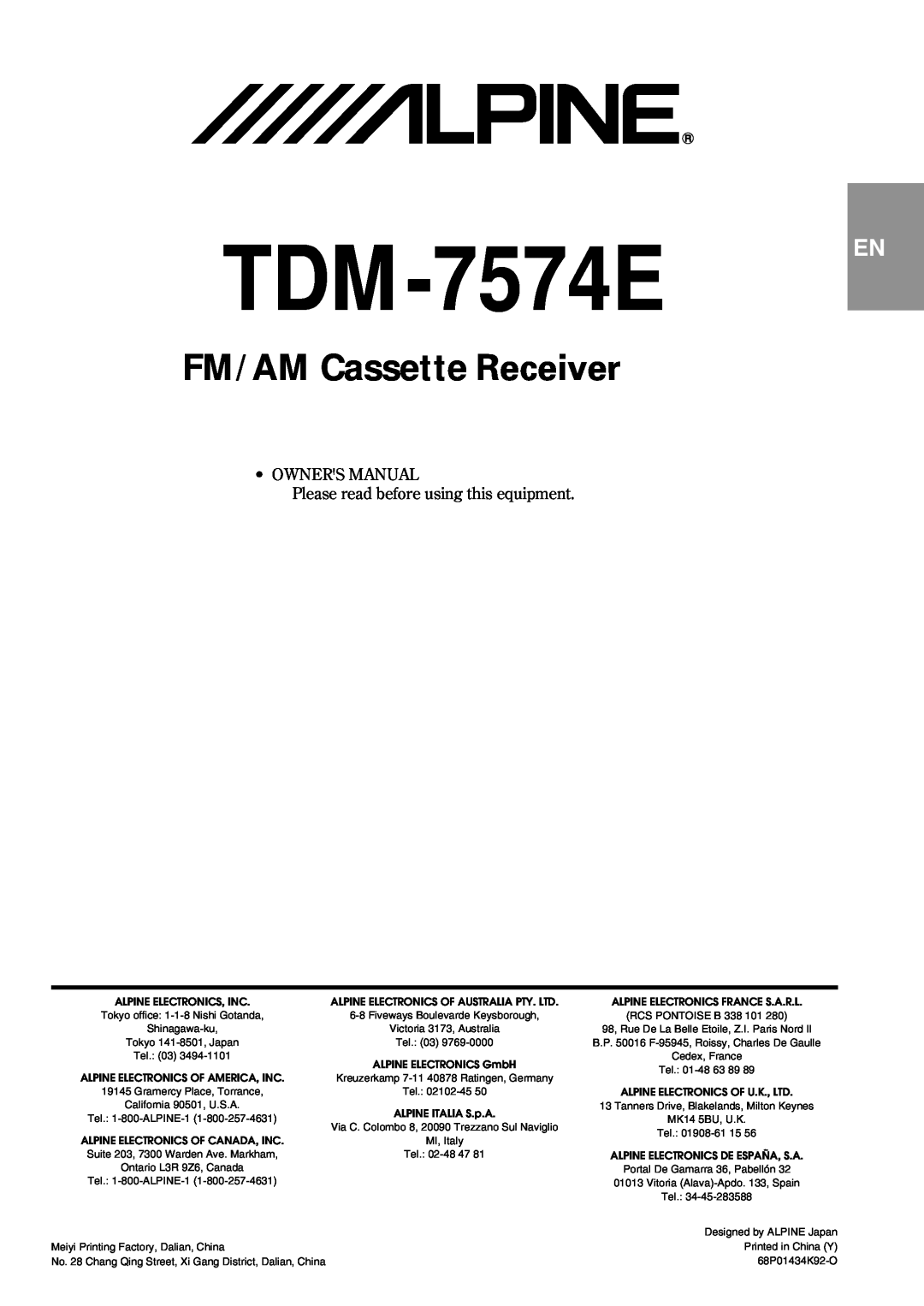 Alpine TDM-7574E owner manual FM/AM Cassette Receiver 