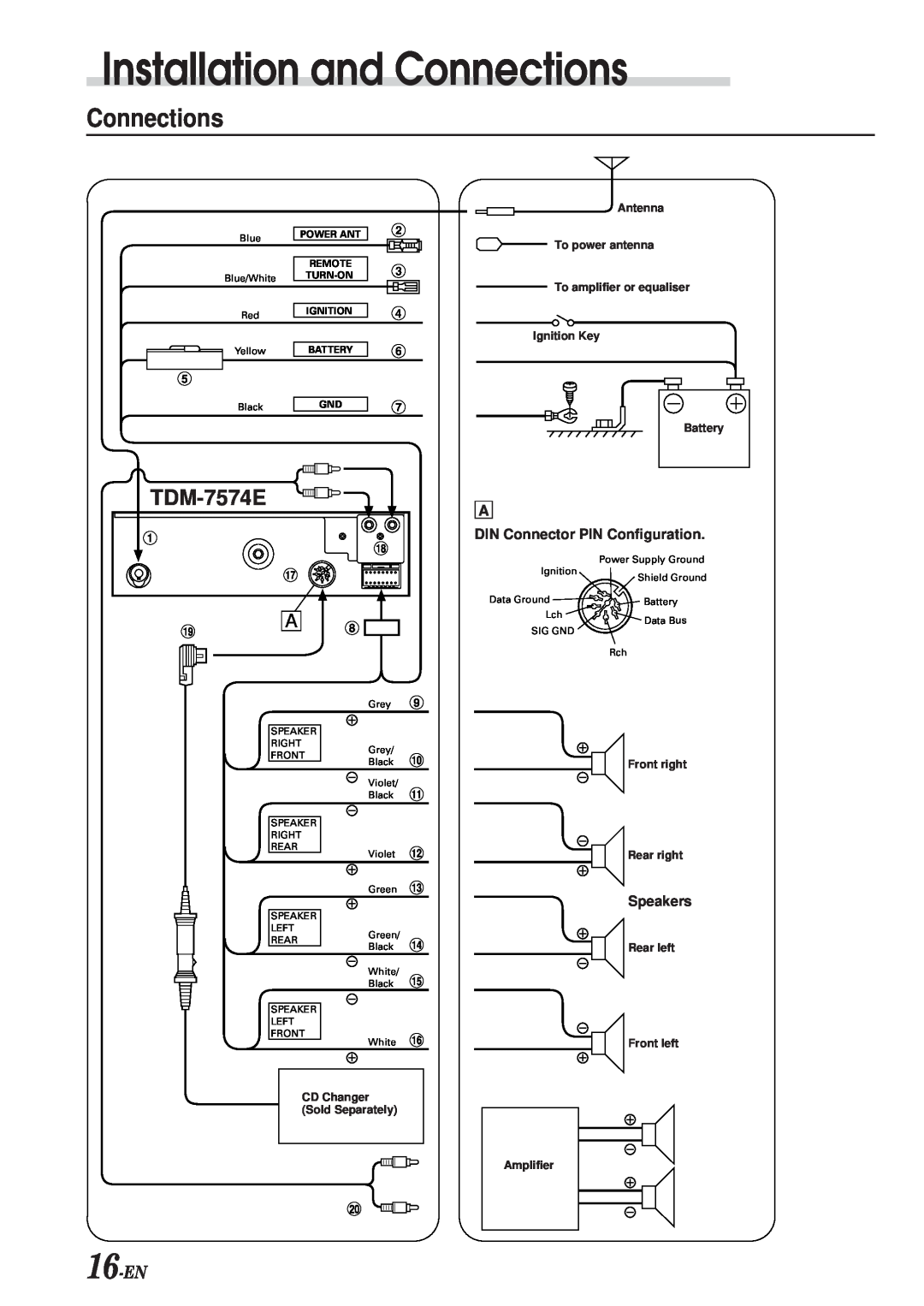 Alpine TDM-7574E owner manual 16-EN, Installation and Connections, DIN Connector PIN Configuration, Speakers 
