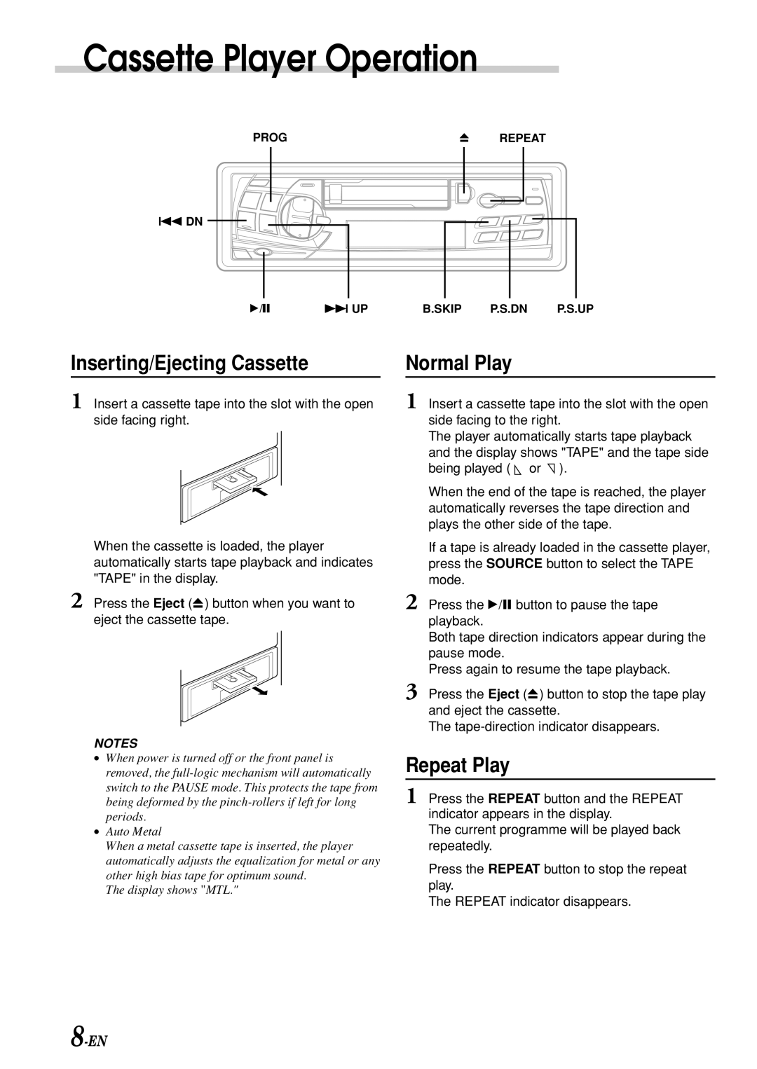 Alpine TDM-7580E owner manual Cassette Player Operation, Inserting/Ejecting Cassette Normal Play, Repeat Play 