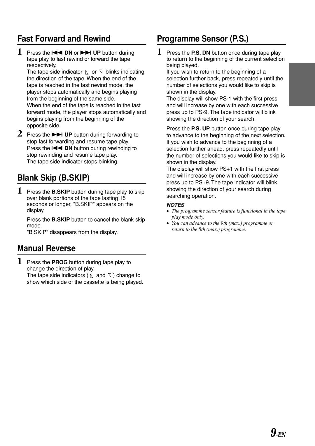 Alpine TDM-7580E owner manual Fast Forward and Rewind, Blank Skip B.SKIP, Manual Reverse, Programme Sensor P.S 