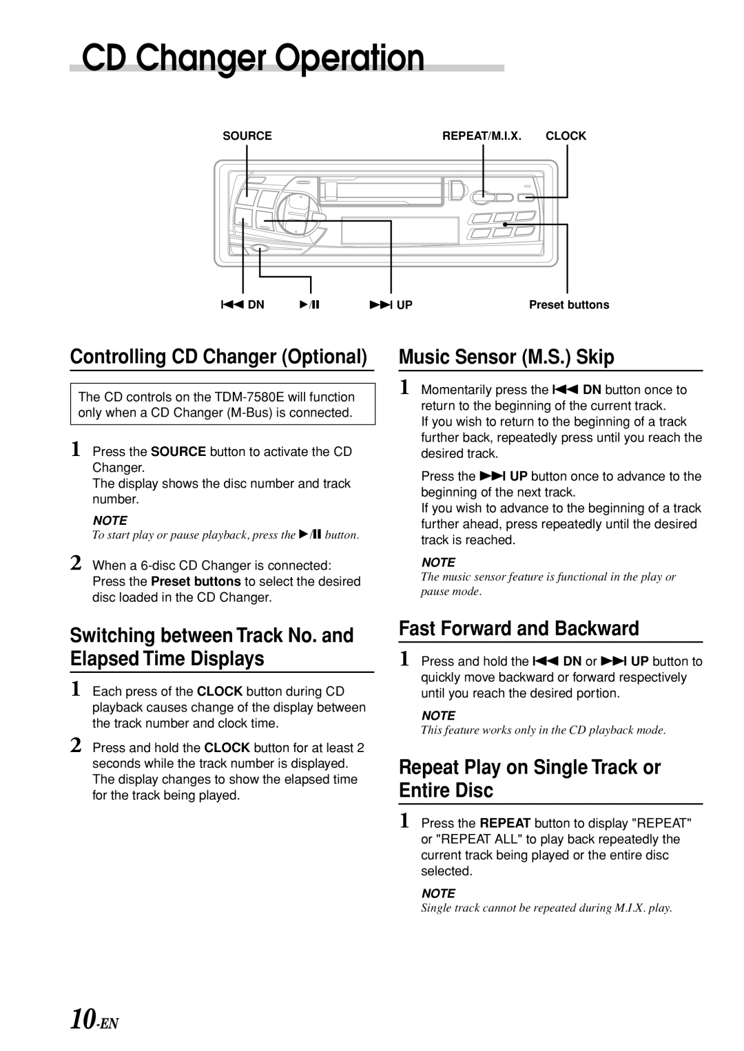 Alpine TDM-7580E owner manual CD Changer Operation, Music Sensor M.S. Skip, Fast Forward and Backward 