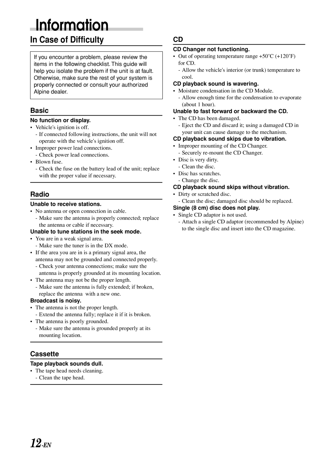 Alpine TDM-7580E owner manual Information, Case of Difficulty 