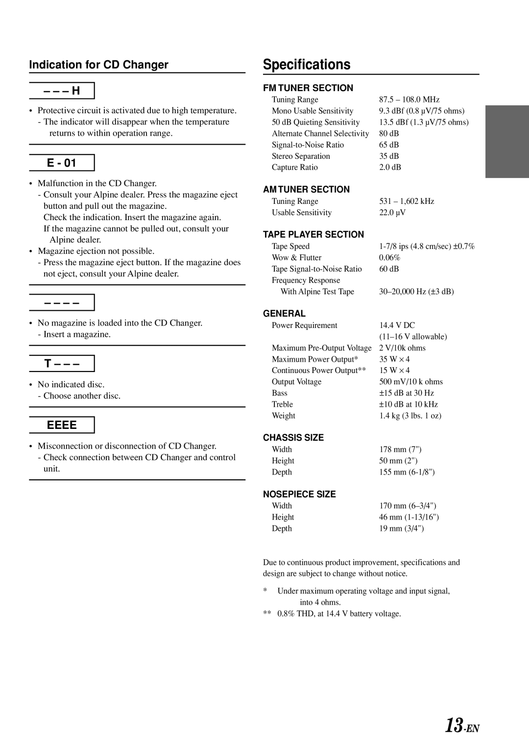 Alpine TDM-7580E owner manual Specifications, Indication for CD Changer 