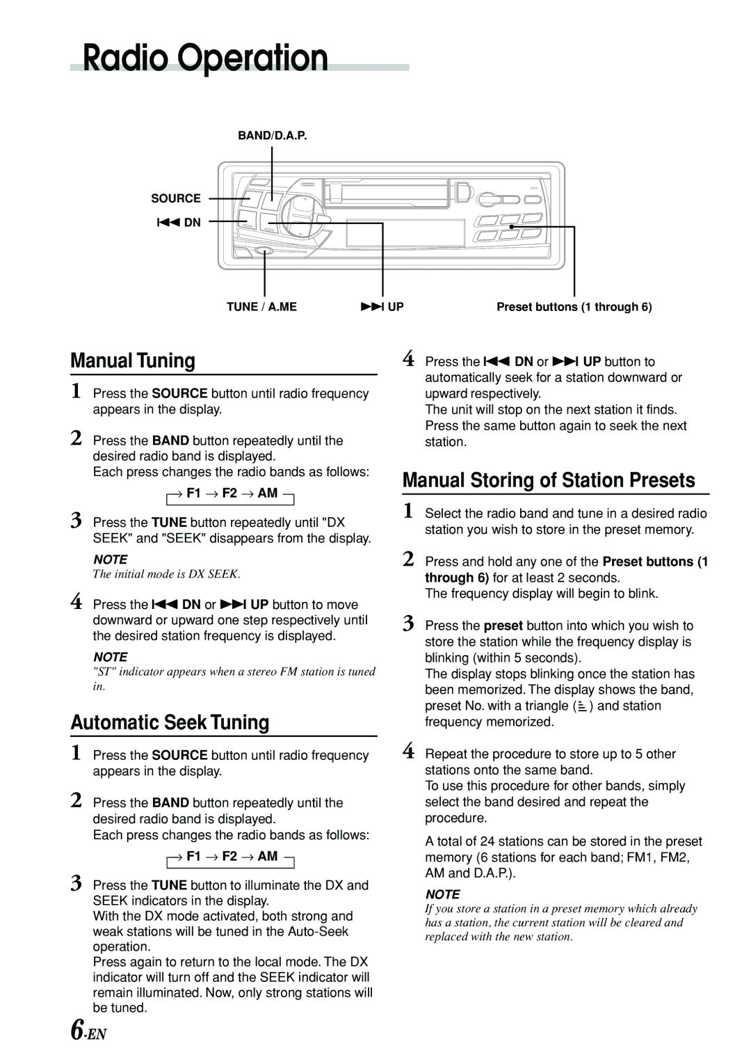 Alpine TDM-7580E Radio Operation, Manual Tuning, Automatic Seek Tuning, Manual Storing of Station Presets, → F1 → F2 → AM 