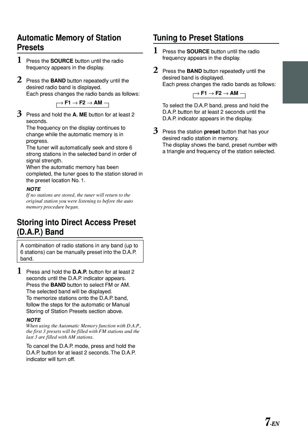 Alpine TDM-7580E owner manual Automatic Memory of Station Presets, Storing into Direct Access Preset D.A.P. Band 