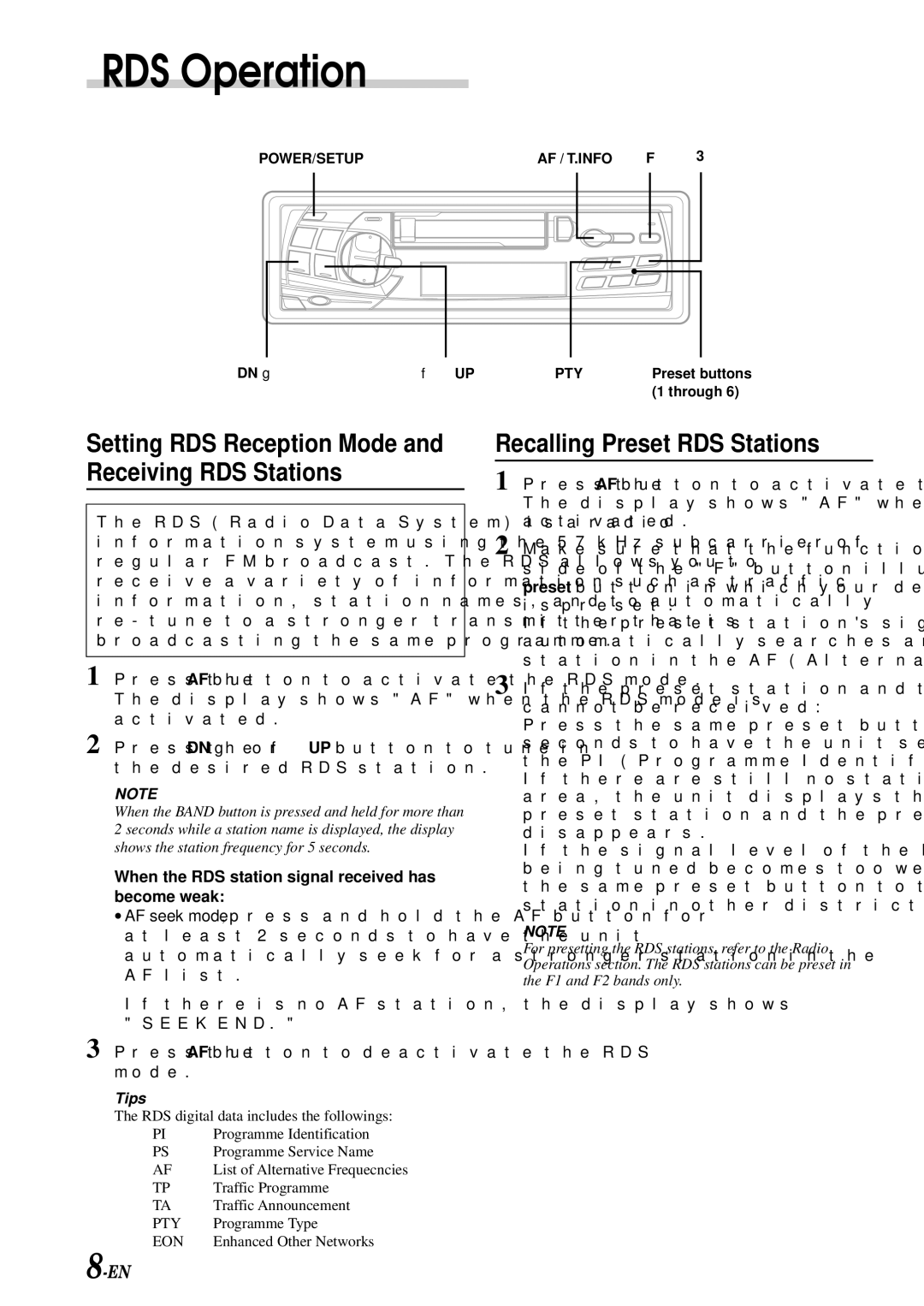 Alpine TDM-7581R RDS Operation, Setting RDS Reception Mode and Receiving RDS Stations, Recalling Preset RDS Stations 