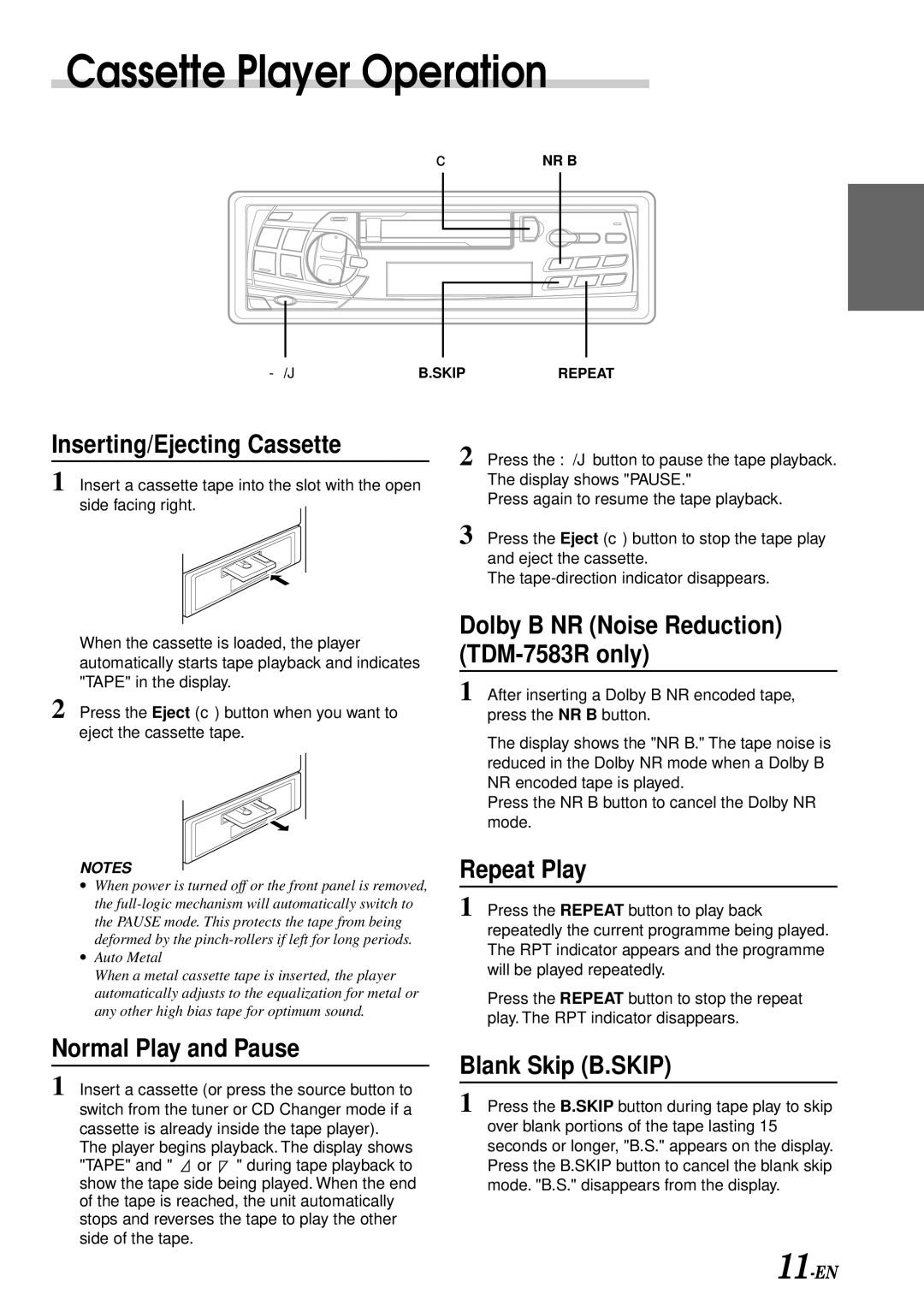 Alpine TDM-7581R, TDM-7580R Cassette Player Operation, Inserting/Ejecting Cassette, Repeat Play, Normal Play and Pause 