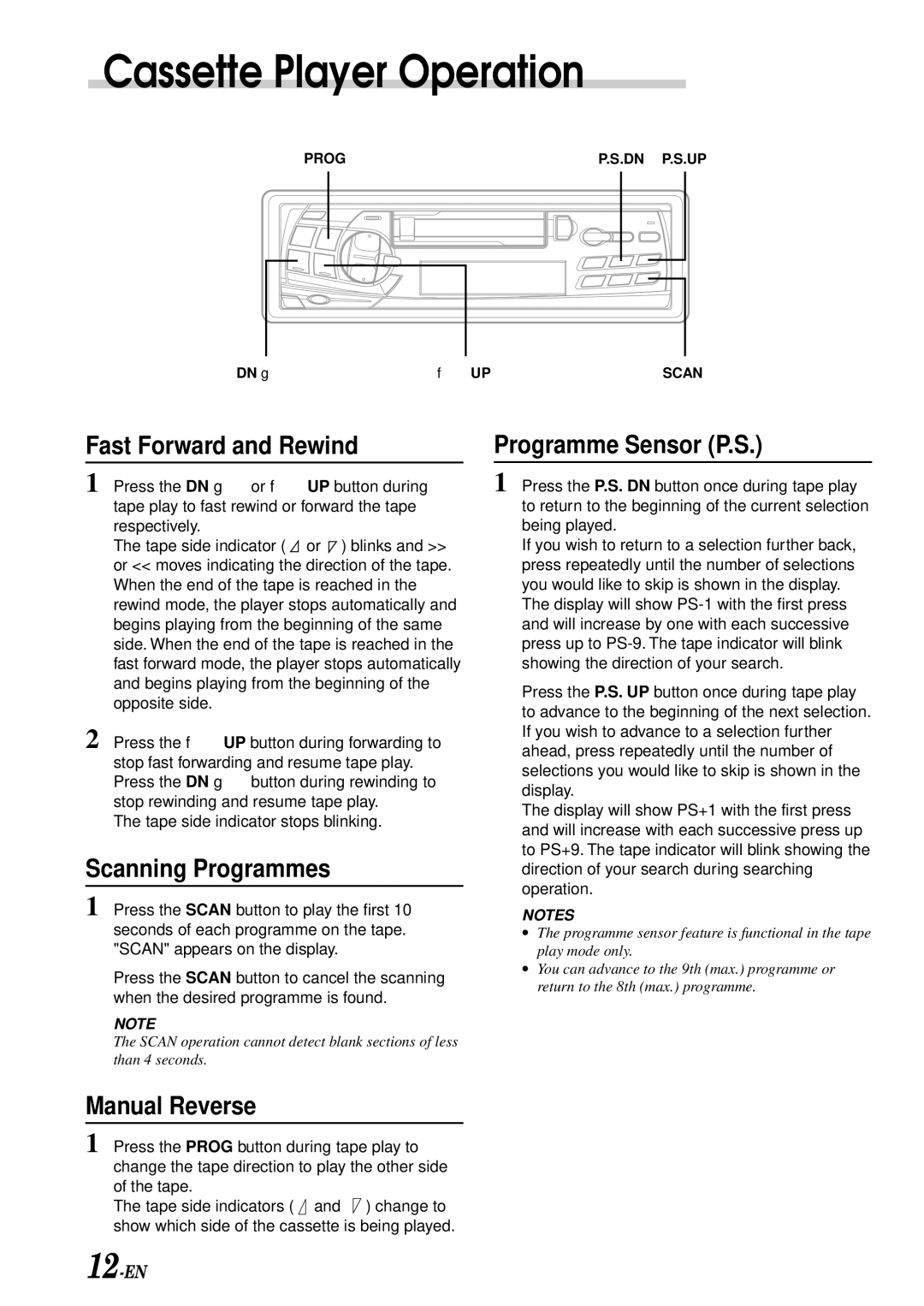 Alpine TDM-7583R, TDM-7580R, TDM-7581R Fast Forward and Rewind Programme Sensor P.S, Scanning Programmes, Manual Reverse 