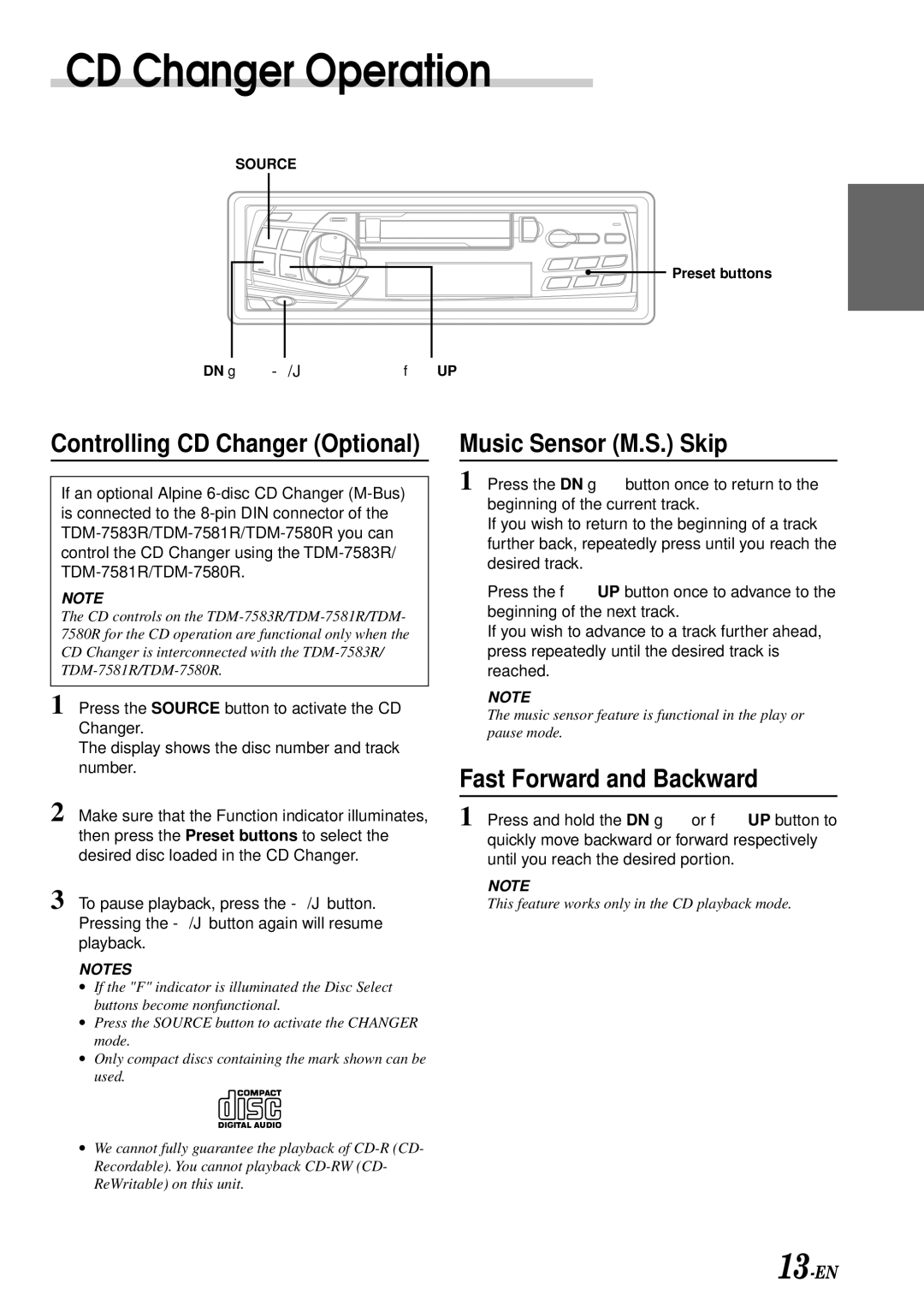 Alpine TDM-7580R, TDM-7581R, TDM-7583R owner manual CD Changer Operation, Music Sensor M.S. Skip, Fast Forward and Backward 