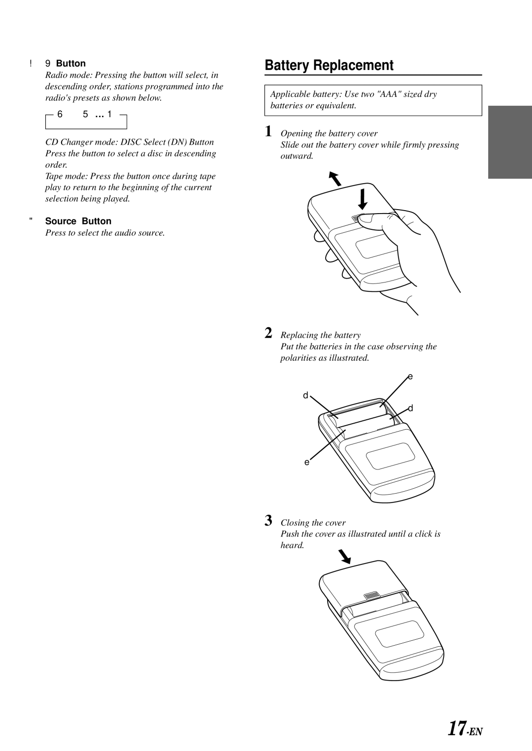 Alpine TDM-7581R, TDM-7580R, TDM-7583R owner manual Battery Replacement, Source Button 