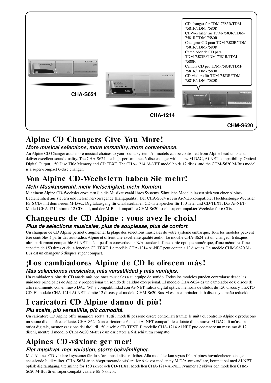 Alpine TDM-7583R, TDM-7580R, TDM-7581R owner manual Alpine CD Changers Give You More 