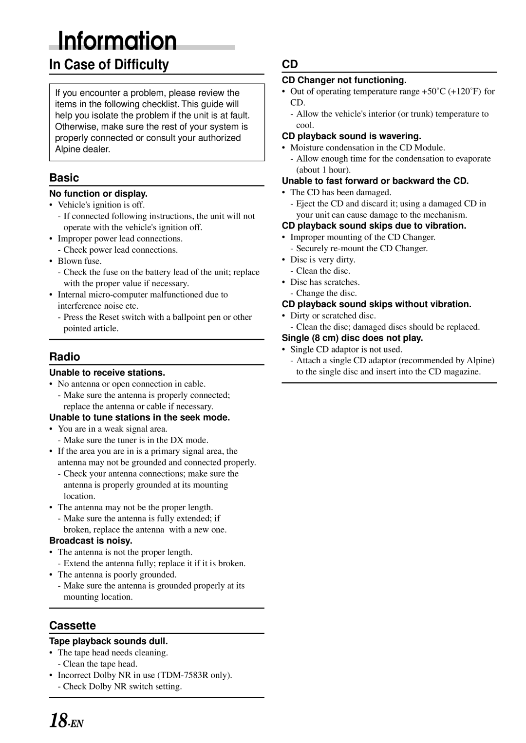 Alpine TDM-7583R, TDM-7580R, TDM-7581R owner manual Information, Case of Difficulty 