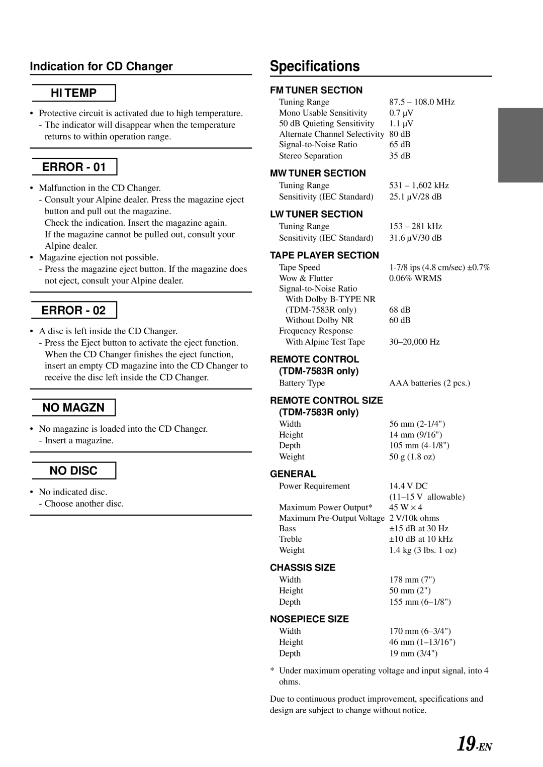 Alpine TDM-7580R, TDM-7581R owner manual Specifications, TDM-7583R only 