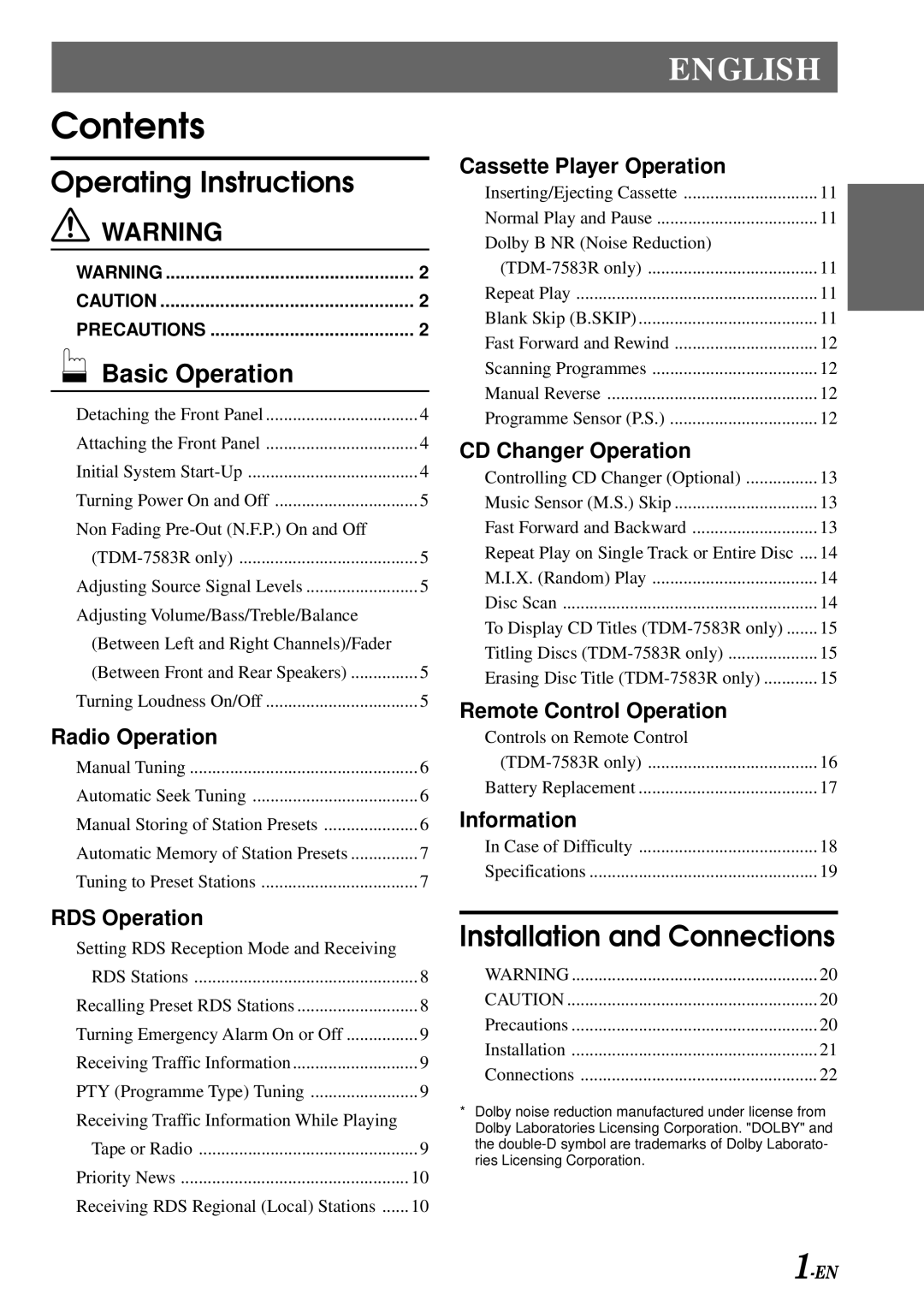 Alpine TDM-7580R, TDM-7581R, TDM-7583R owner manual Contents 