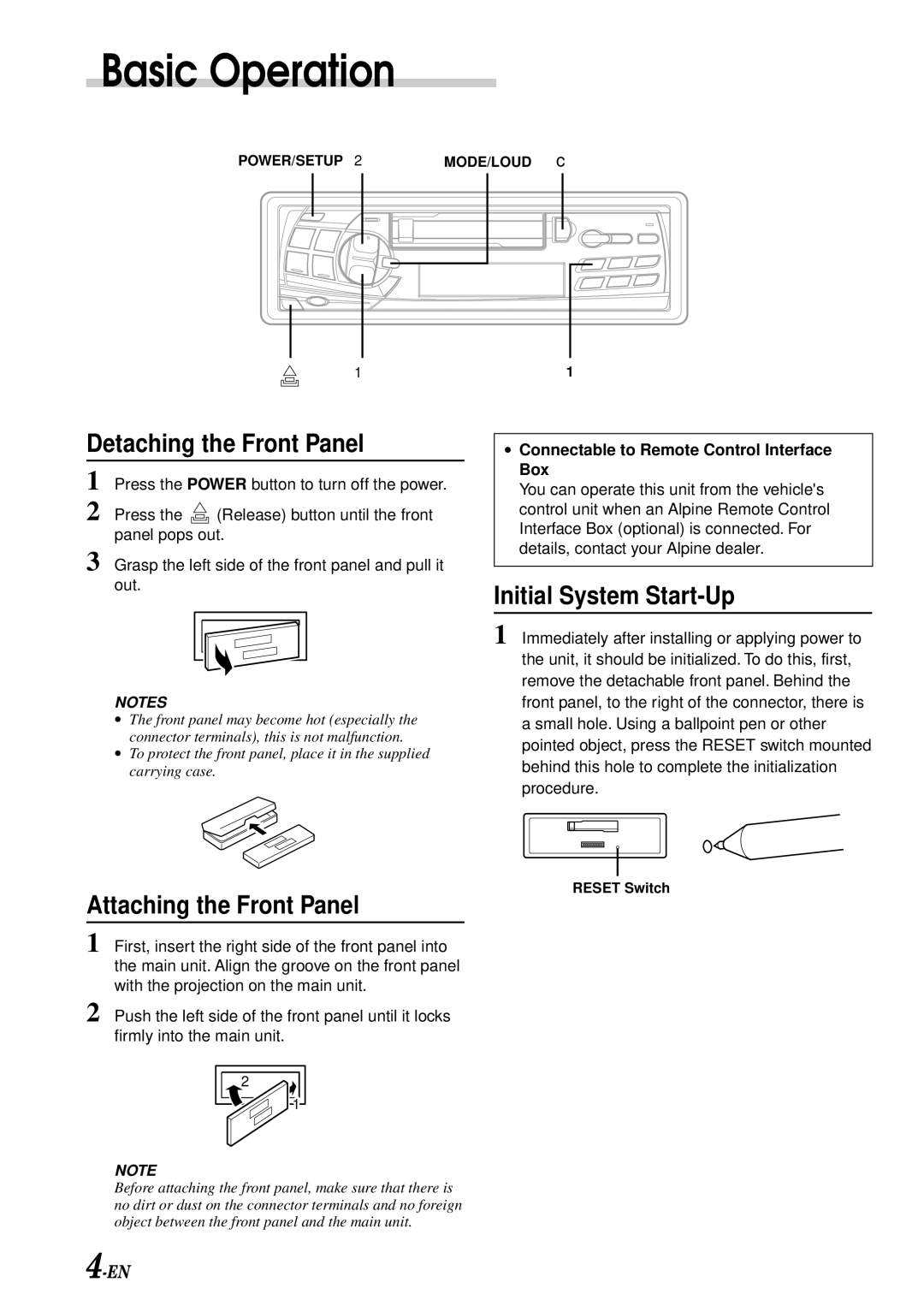 Alpine TDM-7580R, TDM-7581R Basic Operation, Detaching the Front Panel, Initial System Start-Up, Attaching the Front Panel 