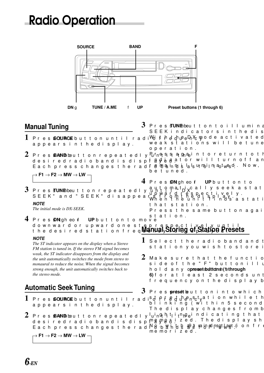 Alpine TDM-7583R, TDM-7580R Radio Operation, Manual Tuning, Automatic Seek Tuning, Manual Storing of Station Presets 