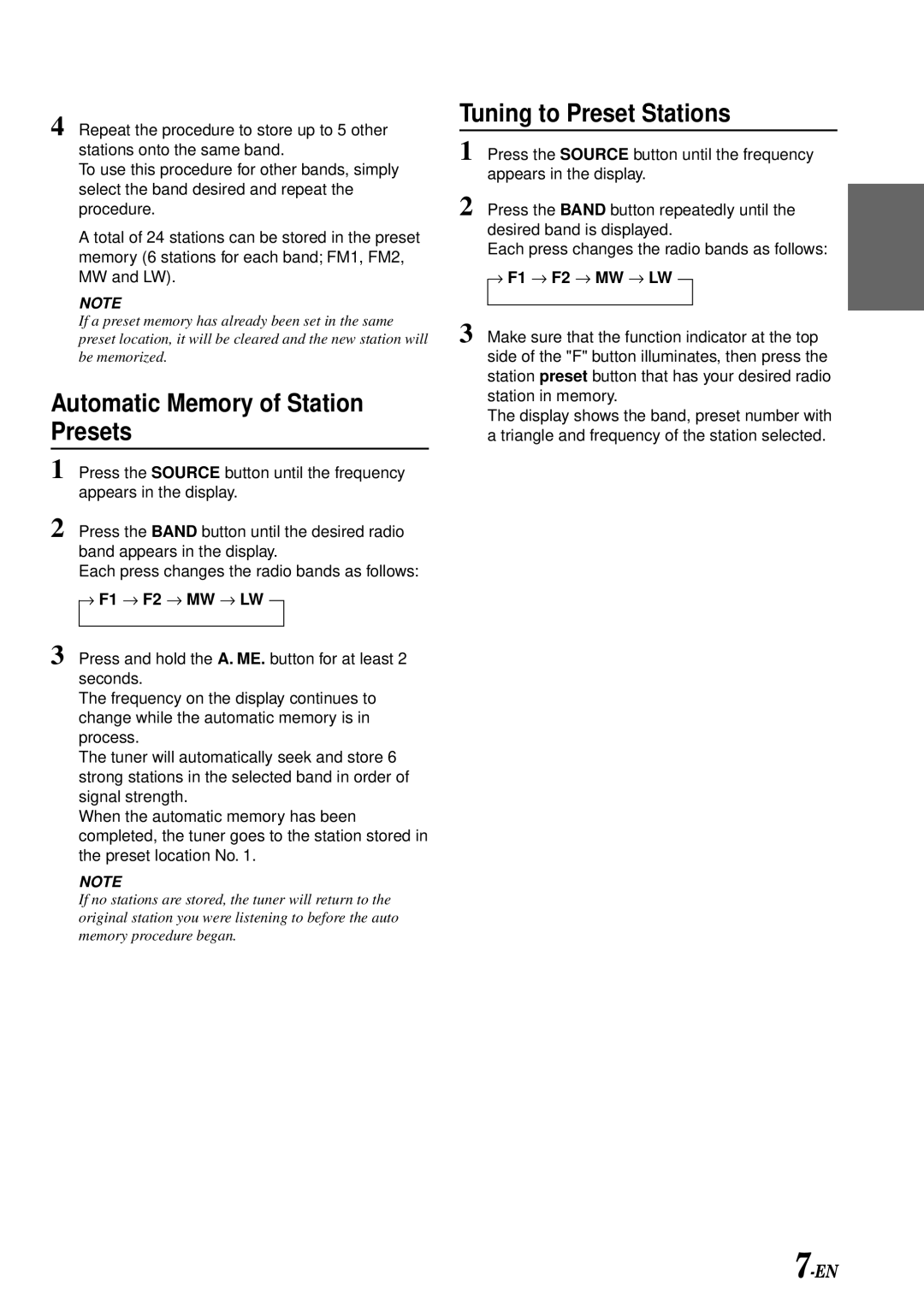 Alpine TDM-7580R, TDM-7581R, TDM-7583R owner manual Automatic Memory of Station Presets, Tuning to Preset Stations 