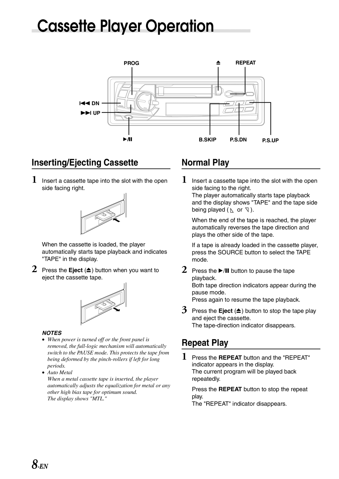 Alpine TDM-7582 owner manual Cassette Player Operation, Inserting/Ejecting Cassette Normal Play, Repeat Play 