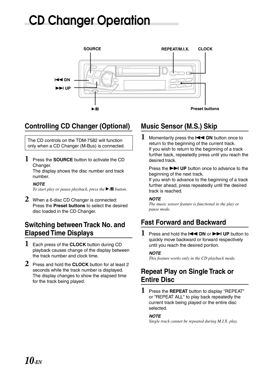 Alpine TDM-7582 owner manual CD Changer Operation, Music Sensor M.S. Skip, Fast Forward and Backward 