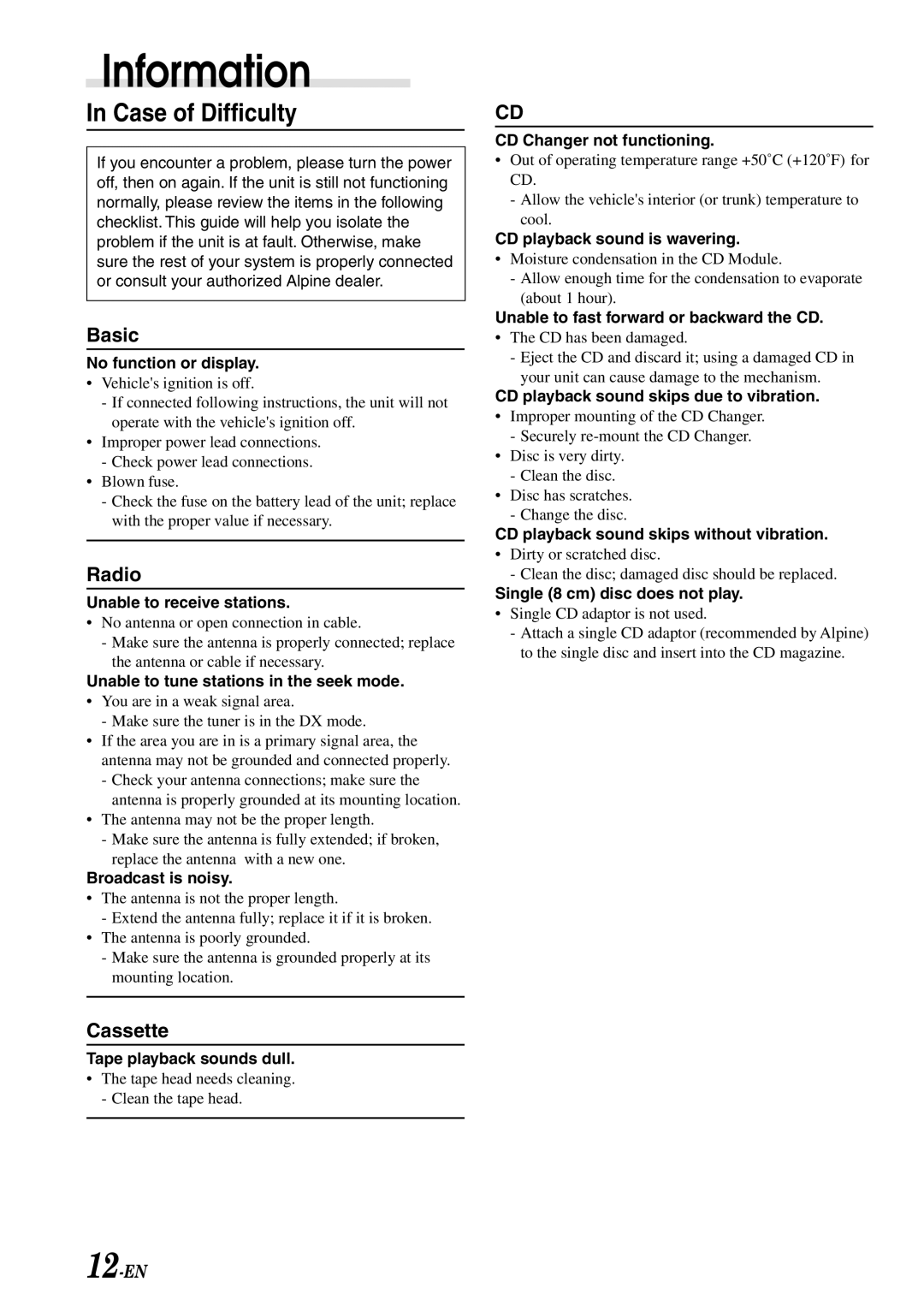 Alpine TDM-7582 owner manual Information, Case of Difficulty 