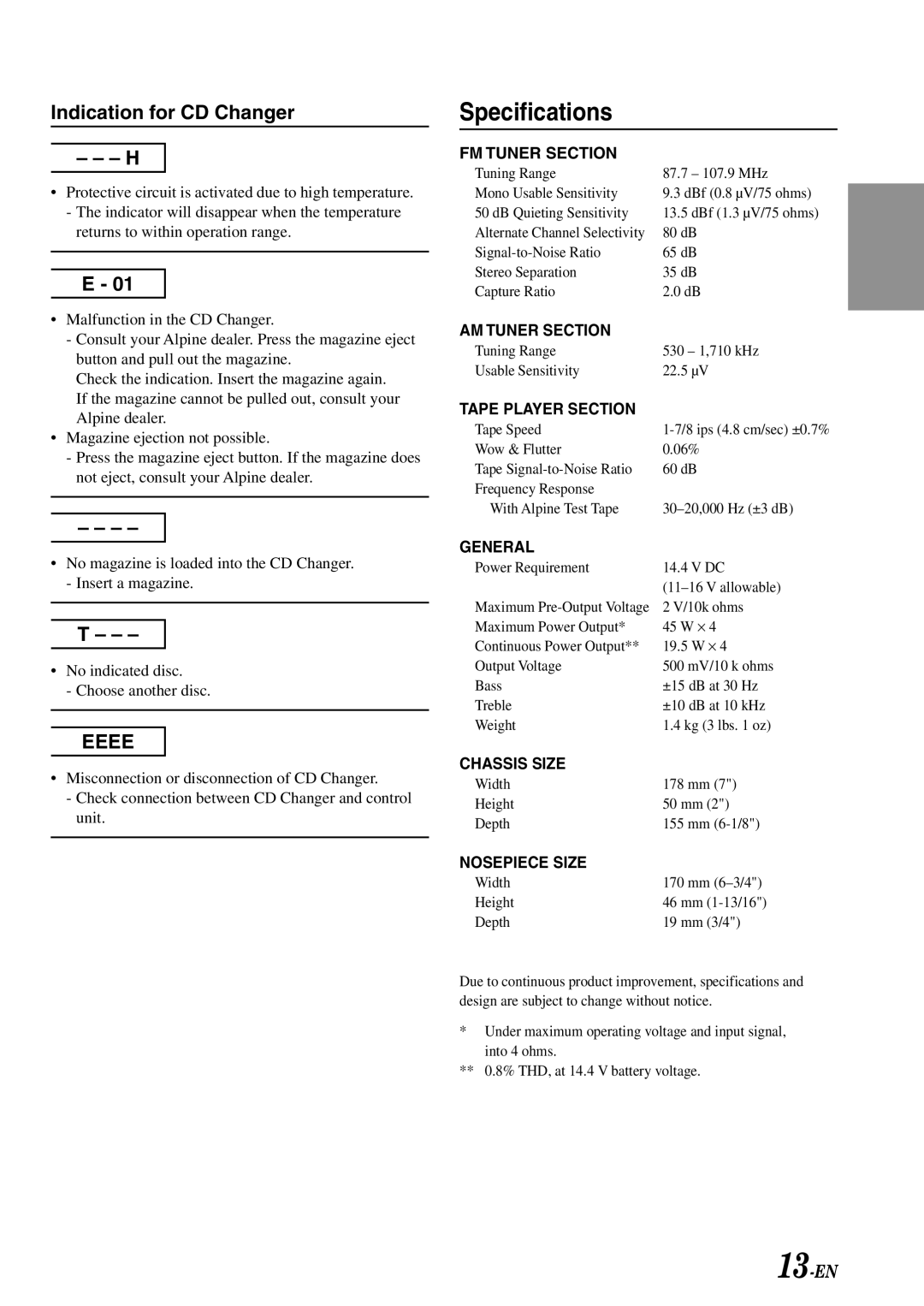 Alpine TDM-7582 owner manual Specifications, Indication for CD Changer 