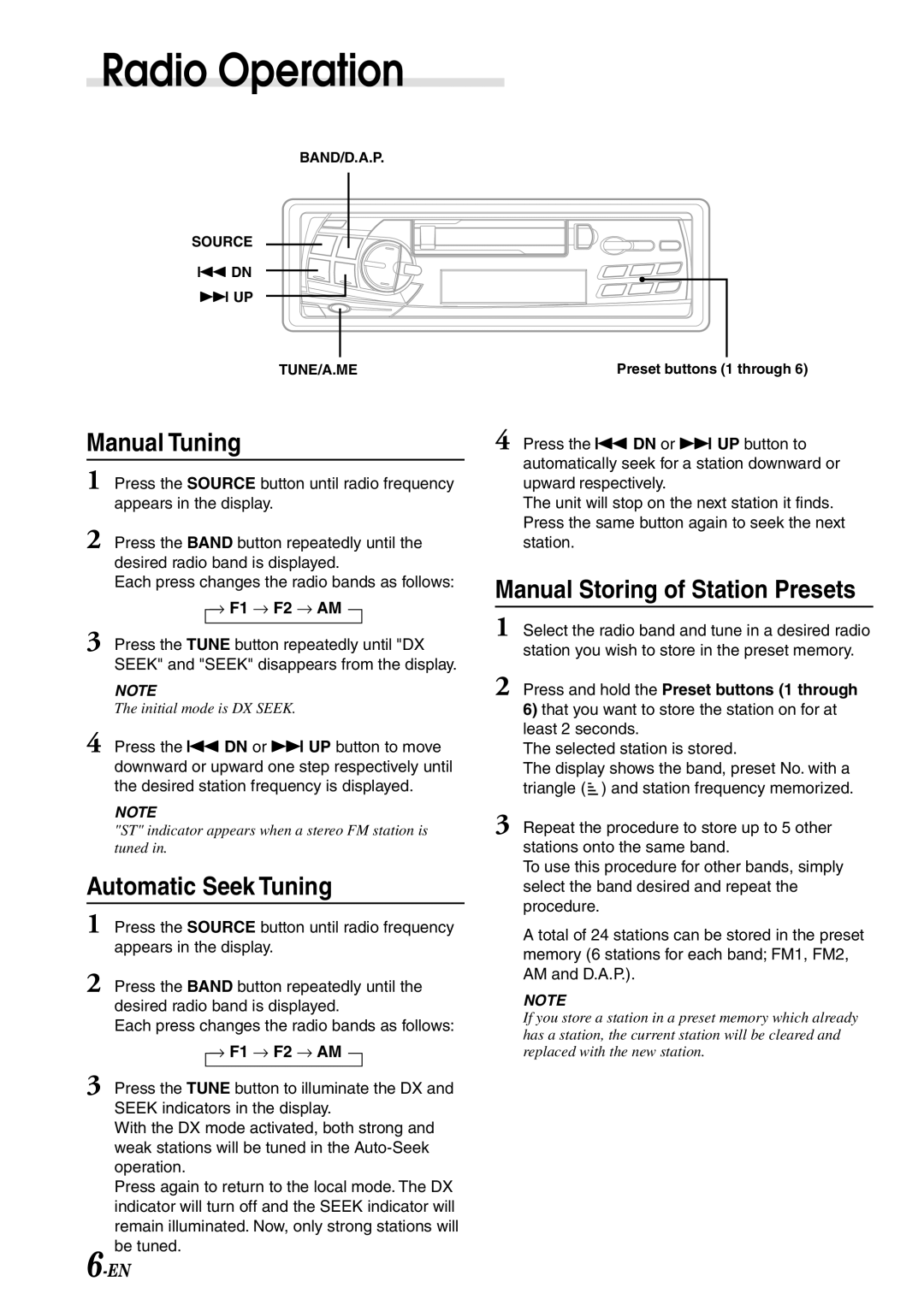 Alpine TDM-7582 owner manual Radio Operation, Manual Tuning, Automatic Seek Tuning, Manual Storing of Station Presets 