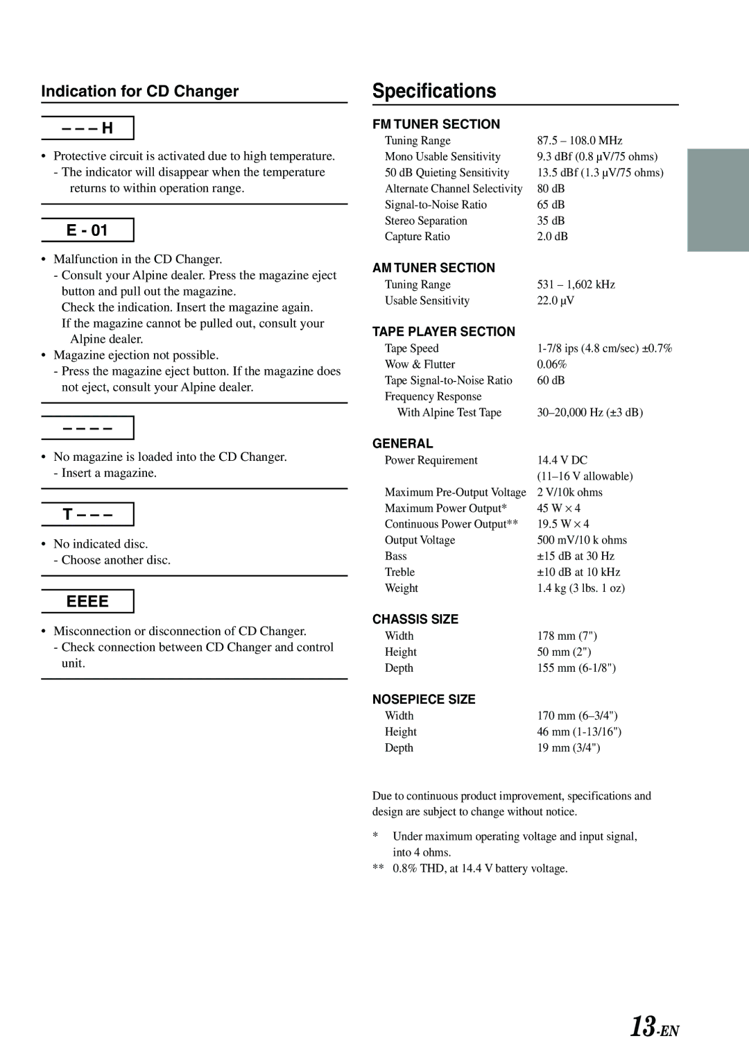 Alpine TDM-7582E owner manual Specifications, Indication for CD Changer 