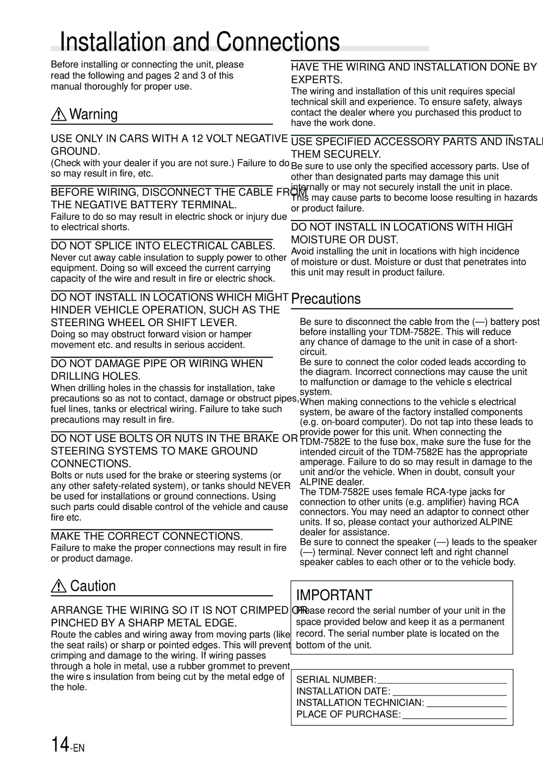 Alpine TDM-7582E owner manual Installation and Connections, Precautions 