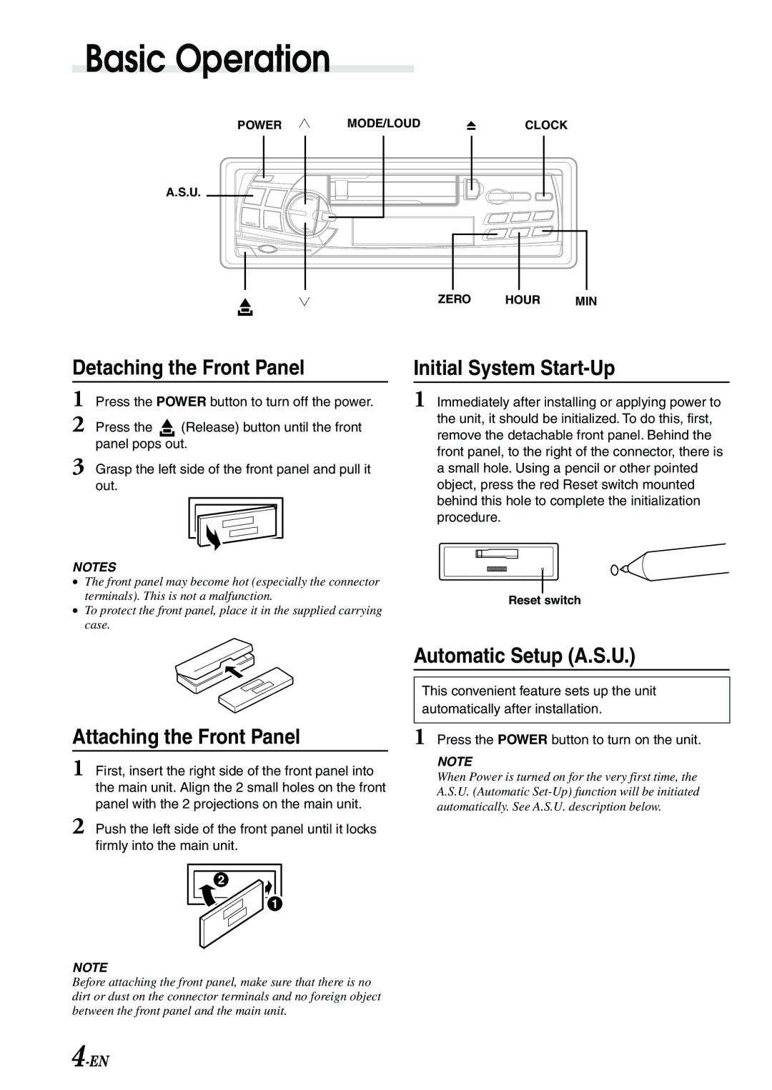 Alpine TDM-7582E Basic Operation, Detaching the Front Panel, Initial System Start-Up, Attaching the Front Panel 