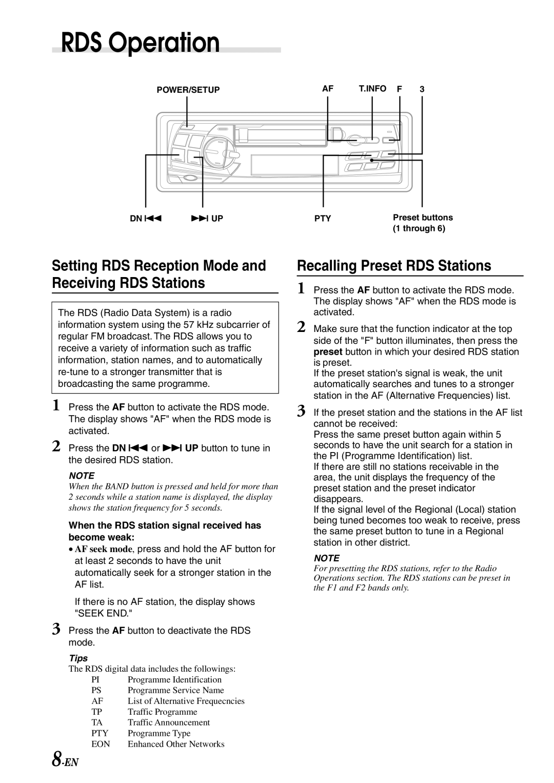 Alpine TDM-7584R RDS Operation, Setting RDS Reception Mode and Receiving RDS Stations, Recalling Preset RDS Stations 