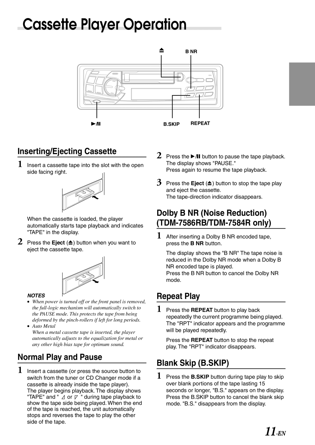 Alpine TDM-7584R, TDM-7586RB Cassette Player Operation, Inserting/Ejecting Cassette, Repeat Play, Normal Play and Pause 