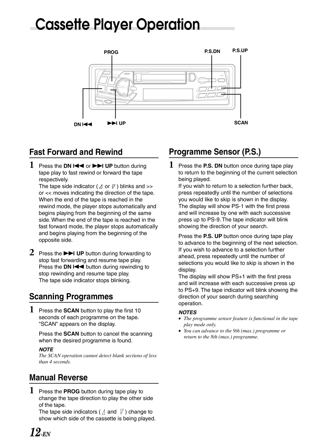 Alpine TDM-7582R, TDM-7586RB, TDM-7584R Fast Forward and Rewind, Scanning Programmes, Manual Reverse, Programme Sensor P.S 