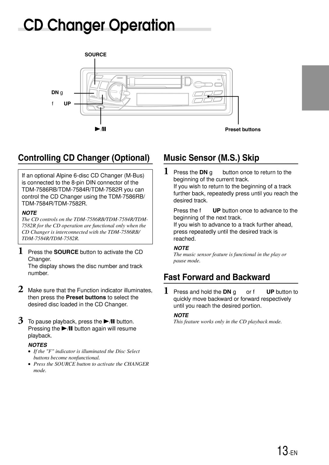 Alpine TDM-7586RB, TDM-7584R, TDM-7582R owner manual CD Changer Operation, Music Sensor M.S. Skip, Fast Forward and Backward 