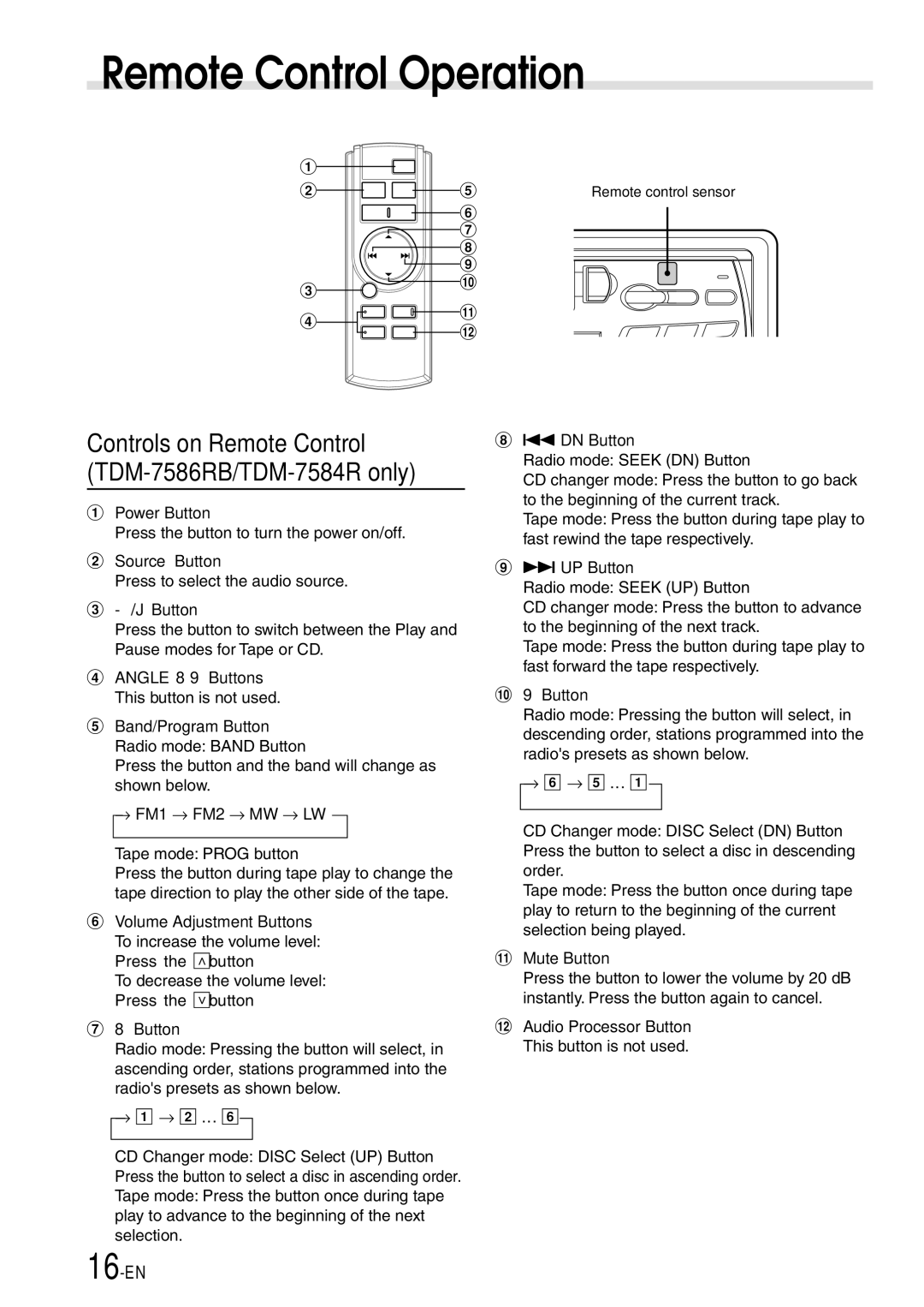 Alpine TDM-7586RB, TDM-7584R, TDM-7582R owner manual Remote Control Operation 