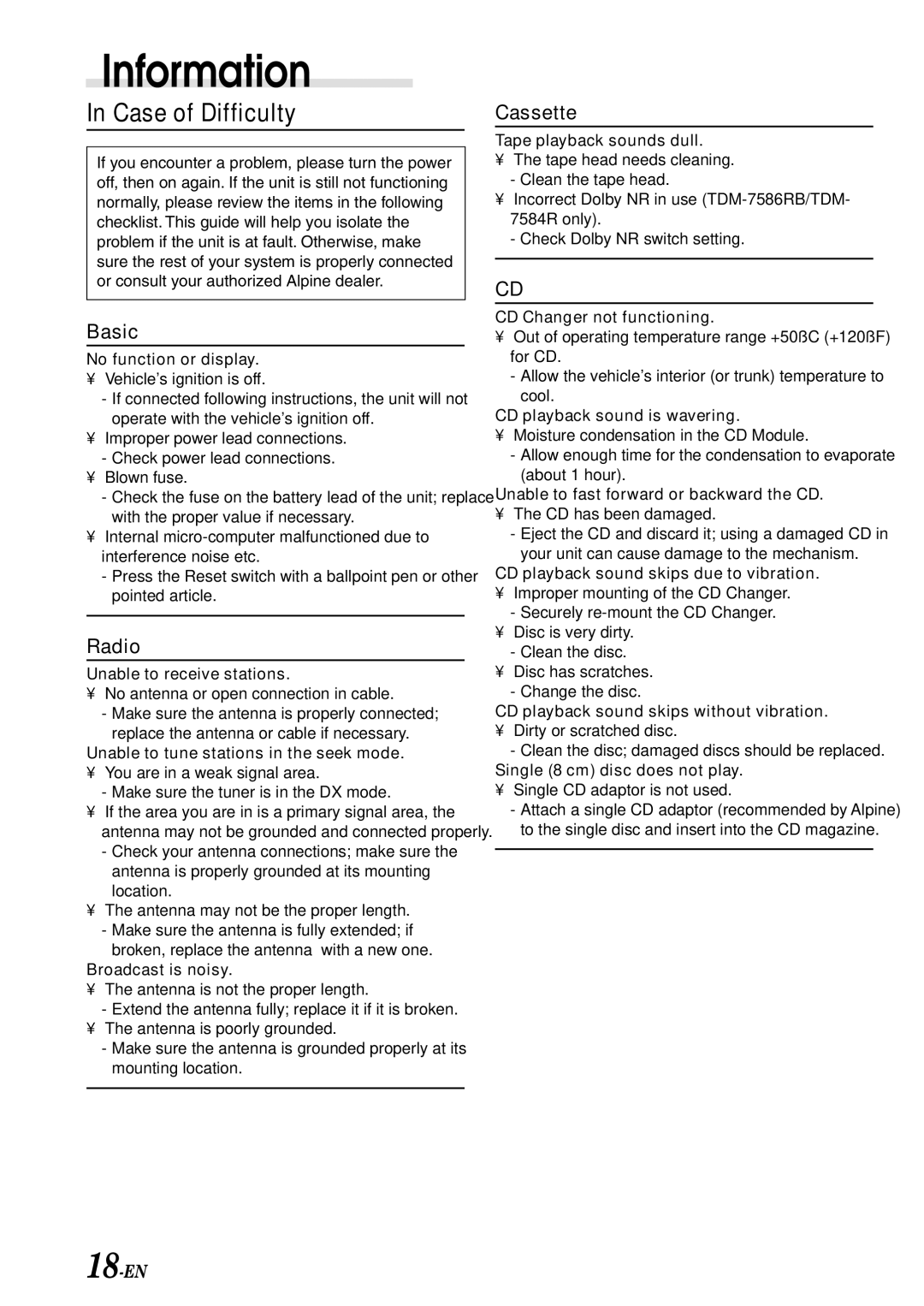 Alpine TDM-7582R, TDM-7586RB, TDM-7584R owner manual Information, Case of Difficulty 