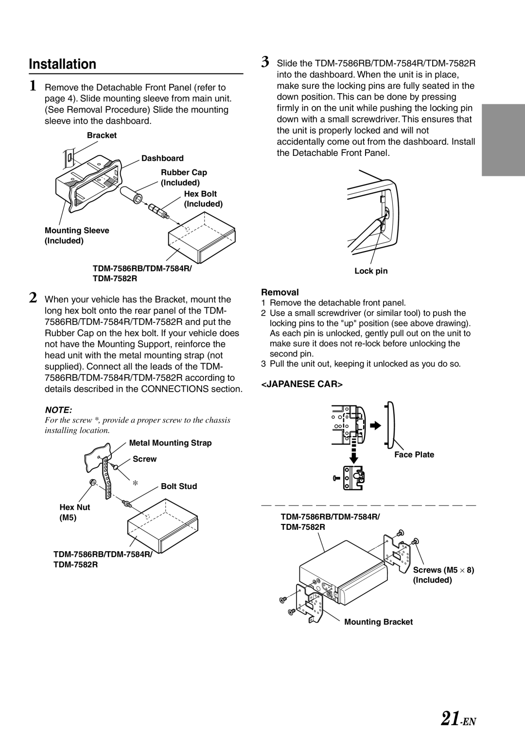 Alpine TDM-7582R, TDM-7586RB, TDM-7584R owner manual Installation, Removal 